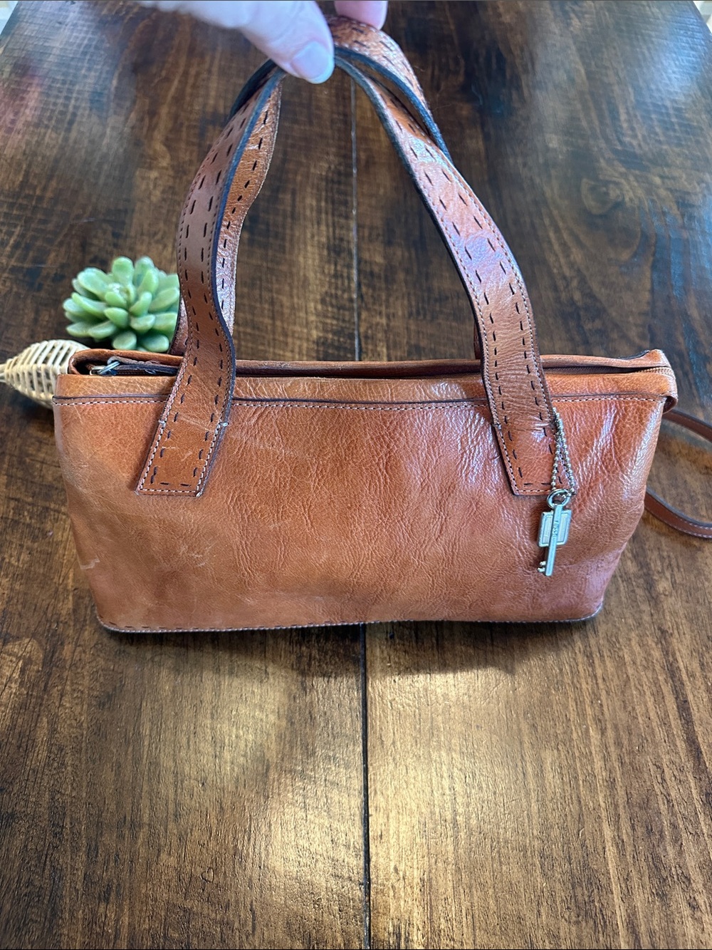 Fossil | VTG Cognac Genuine Leather Satchel Top Handle Bag - Picture 3 of 11